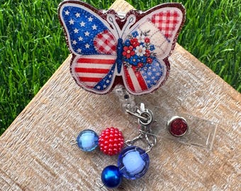 Butterfly Badge Reel: americana Handmade Resin Nurse Gift