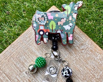 Badge Reel with cow, farm id holder for work