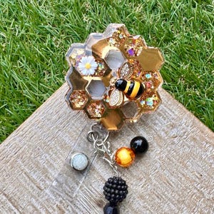 Badge Reel with bee and honeycomb, gift for nurse