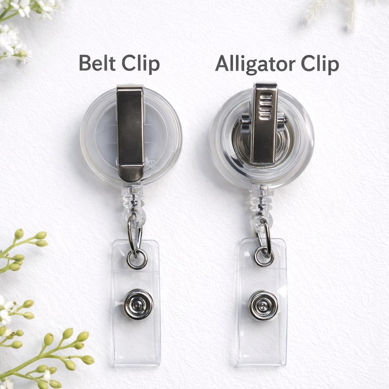 May include: Two clear plastic retractable badge holders with different clip styles. One has a belt clip, and the other has an alligator clip. Both have a clear plastic strap with a snap closure and a metal ring for attaching a badge. The text "Belt Clip" and "Alligator Clip" are above each holder.