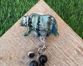 Badge Reel with bear, National park work accessory, smoky mountain ID holder