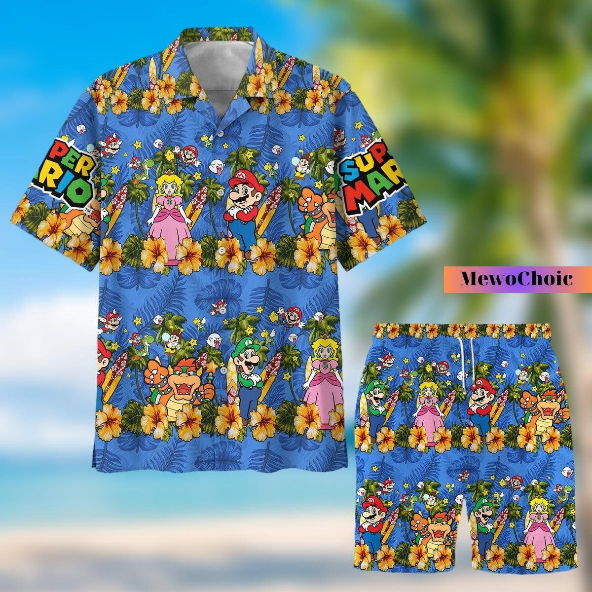 Super Mario Hawaiian Shirt Mario Swim Shorts Super Daddio Etsy