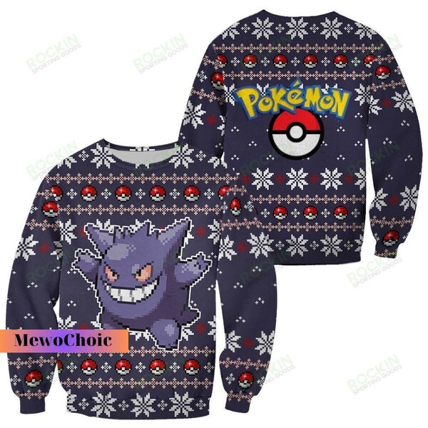 Gengar Ghost Ugly Sweater, Pokemon Gengar Christmas Sweater, Ugly Xmas Sweater, Pokemon Ugly Christmas Sweater