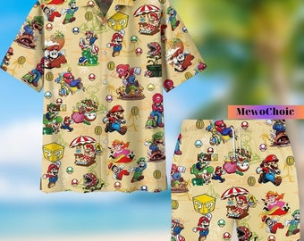 Mario Hawaii-Hemd, Mario Kurze Hose, Mario Tropisches Hemd mit Knöpfen, Mario Spiel Gaming, Videospiel-Hemd, Super Mario-Hemd