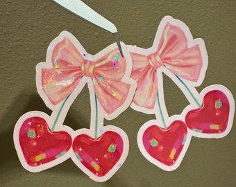 Cherry Hearts Bow Sticker  / Laptop sticker / waterproof sticker / vinyl sticker / UV resistant sticker