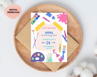 Editable Kids Birthday Invitation: Art Theme Canva Template (Digital Download)