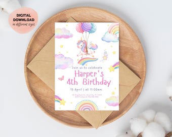 Editable Unicorn Birthday Invitation Template | Instant Download on Canva I Magical Pastel Party Invite