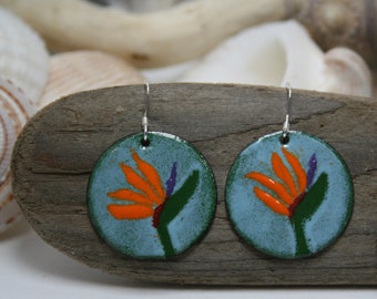 Bird of Paradise Earrings, Unique Flower Earrings, Copper Enamel Earrings, Dangle Earrings, Gift for mom, Valentine's gift