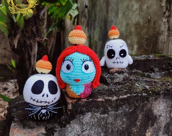 Fanmade Jack Skellington and Sally,Frankenstein Amigurumi Halloween Candle Crochet Doll, Halloween Candle Amigurumi Doll