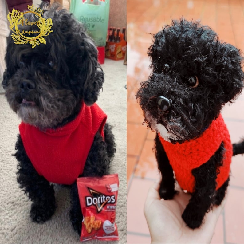 May include: A black and gray dog wearing a red sweater. The dog is sitting on a brown surface with a bag of Doritos mini chips in front of it.