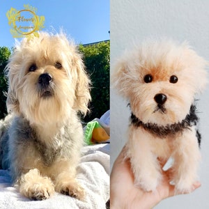 May include: A plush toy dog with brown and tan fur, black eyes, and a black nose. The toy is sitting on a hand, and the background is a white wall.