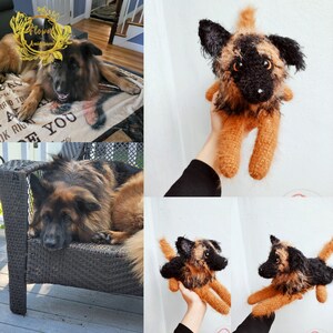 May include: A brown and black German Shepherd dog plush toy. The plush toy is sitting on a person's lap. The plush toy has a long, fluffy tail and a black nose.