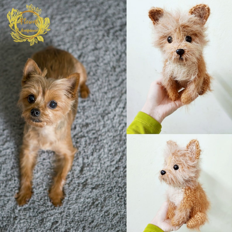May include: A brown and tan crocheted Yorkshire Terrier dog toy. The toy is sitting in a person's hand. The toy has a white patch on its chest and a brown nose.