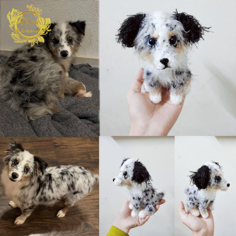May include: A crocheted stuffed dog toy in a blue merle pattern, with black ears and a white chest. The toy is sitting on a hand, with the background out of focus.