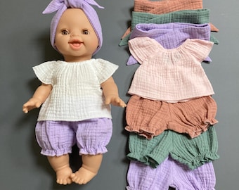 Muslin Doll Clothes Set, Bloomers, Top, Headband for Minikane Dolls (34-38 cm)