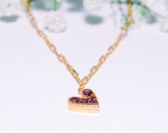 Non-Tarnish 24K Gold plated Pink Stone Heart Gold Necklace, Dainty Gold plated Water-proof Jewelry, High Quality for Everyday Wear