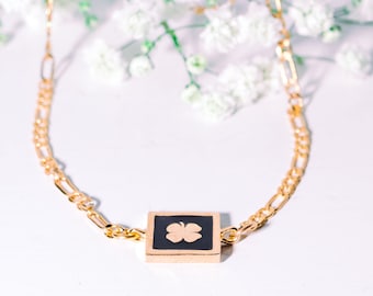 Non-Tarnish 24K Gold Plated Black Enamel Clover Bracelet, Dainty Gold Bracelet, Water-proof Jewelry, High Quality for Everyday Wear