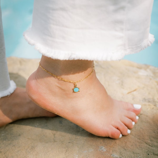 Anti Tarnish 24K Gold Sky Blue Turtle Ankle t, Gifted Jewelry Gold Anklet Bracelet, Water proof Jewelry, High Quality for Everydaywear