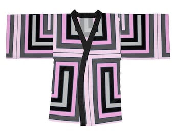 Pink and Gray Mola print Long Sleeve Kimono Robe (AOP)