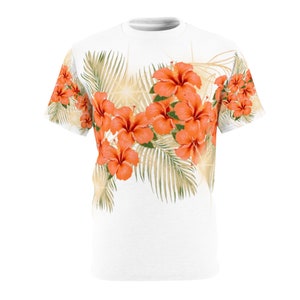 Orange Hibiscus Tropical print Unisex Cut & Sew Tee (AOP)