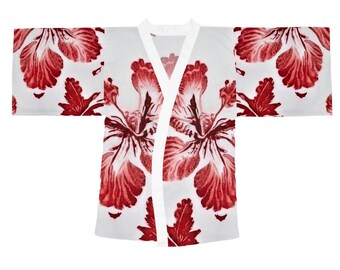 Red on White Hibiscus print Long Sleeve Kimono Robe (AOP)