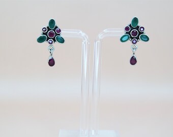 925 Solid Sterling Silver Semi-precious Multi Stone Dangle Earrings. Gift for Her