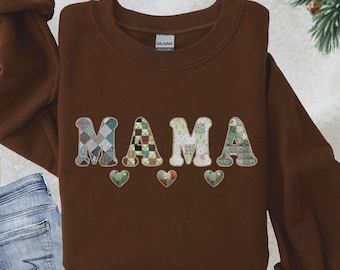 Mama Shirt, Faux Patchwork Mama Sweatshirt,  Mom Shirts, Mothers Day Gift,  Faux Quilt Mama Shirt, Gift For Mom, Mama Shirt, Mama T-Shirt