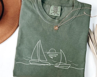 Sail Boat Sunset Line Drawing Shirt,  Comfort Colors TShirt,  Regatta Shirt, Sailing Squadron, Sunset Shirt, Sailing Tee, Sailing Shirt,