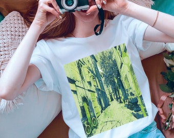 Women's Graphic Tee, Abstract Art Tshirt, Vintage Style Shirt, City Street Graphic Tee, Art Shirt, Art Aesthetic Tshirt,