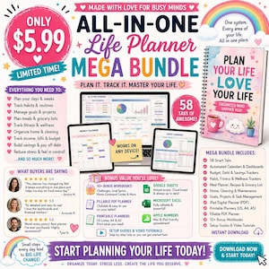 May include: An all-in-one life planner mega bundle digital product advertisement featuring a spiral-bound planner, a laptop, and a tablet displaying dashboards, calendars, and budget trackers. The graphic includes text, lists of features, and icons.