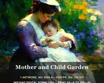Stampa artistica da parete con madre e figlio, ritratto colorato in giardino, regalo per la mamma della cameretta, download digitale immediato.
