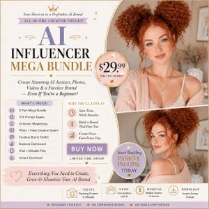 May include: A digital marketing flyer for an AI Influencer Mega Bundle featuring text, icons, and two images of a person with curly red hair. The flyer lists components like 376 prompt assets, an AI avatar masterclass, and a business dashboard.
