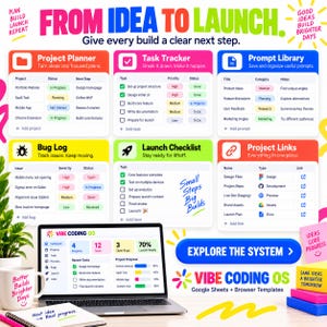 Może przedstawiać: Cyfrowy pulpit nawigacyjny do zarządzania projektami o nazwie Vibe Coding OS wyświetlony na ekranie laptopa, otoczony sześcioma kolorowymi modułami organizacyjnymi, w tym planistą projekt&oacute;w, śledzeniem zadań, biblioteką prompt&oacute;w i rejestrem błęd&oacute;w.