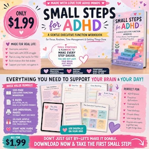 May include: A digital workbook titled Small Steps for ADHD, featuring a spiral-bound cover with a colorful staircase graphic. The bundle includes printable pages for daily planning, time blocking, and task initiation, designed for executive function support.