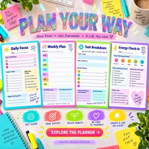 ADHD Digital Planner for Adults, Undated Daily Weekly Monthly Pages, Task Breakdown & Focus Tracker PDF