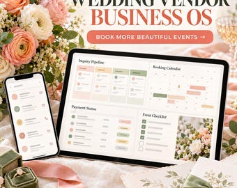 Foglio di calcolo CRM per fornitori di servizi per matrimoni, calendario delle prenotazioni e pianificatore di eventi, monitoraggio dei pagamenti dei clienti e dashboard aziendale.