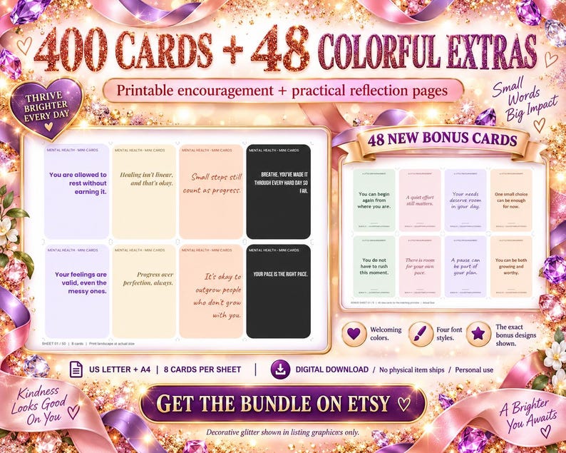 Colorful printable mental health quote cards and reflection pages arranged in a vibrant bundle preview