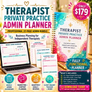 May include: A therapist private practice admin planner bundle featuring a spiral-bound notebook with a colorful watercolor cover, a laptop displaying a weekly admin dashboard, and several printed worksheets for marketing, quarterly goals, and client tracking.