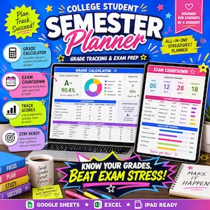 Op de afbeelding: Een digitale semesterplanner voor studenten weergegeven op een laptop- en tabletscherm. De interface bevat cijfercalculators, examencountdowns en opdrachtenvolgers. Een witte mok met tekst, kleurrijke pennen en een notitieblok liggen op het bureau.