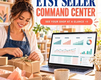 Foglio di calcolo per venditori Etsy, dashboard dei profitti del negozio e monitoraggio degli ordini, pianificazione di prezzi, inventario e SEO.