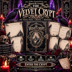 Può includere: Un'agenda nera intitolata The Velvet Crypt con 405 pagine totali, caratterizzata da illustrazioni gotiche di corvi, un teschio e un castello. Il set include pagine digitali e stampabili per panoramica mensile, riflessione, radicamento e intenti.
