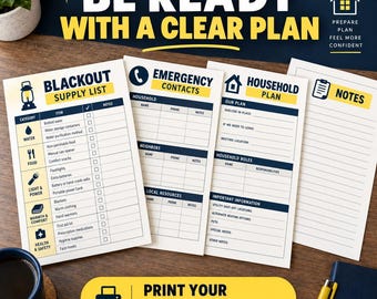 Pianificatore di blackout stampabile e compilabile in PDF, lista di controllo per le interruzioni di corrente, contatti di emergenza domestici e inventario delle scorte.