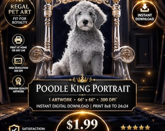 Stampa digitale da parete con ritratto di barboncino reale, divertente decorazione a tema cane, regalo per amanti degli animali, download immediato.