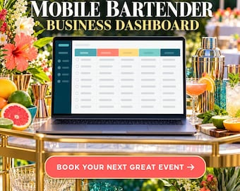 Foglio di calcolo per barman su dispositivi mobili, dashboard per la gestione di bar, calcolatore di preventivi e prenotazioni per eventi, strumento di monitoraggio di inventario e pagamenti.
