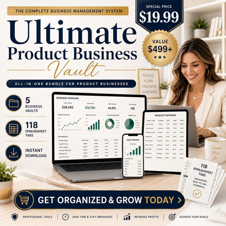 Seller business planner mockup showing dashboards on a laptop, tablet and phone
