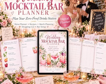 Organizzatore di cocktail analcolici per matrimoni, ricette floreali e liste della spesa, menù delle bevande compilabile e cartelli