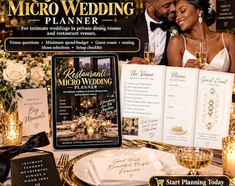 Organizzatore di micro-matrimoni per ristoranti, budget e lista di controllo per cene private, menu e cartelli compilabili.
