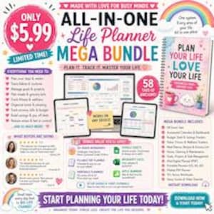 May include: An all-in-one life planner mega bundle featuring a spiral-bound notebook with the text Plan Your Life Love Your Life, digital device screens displaying organizational charts, and lists of features including budget, fitness, and meal trackers.