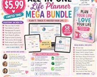 May include: An all-in-one life planner mega bundle featuring a spiral-bound notebook with the text Plan Your Life Love Your Life, digital device screens displaying organizational charts, and lists of features including budget, fitness, and meal trackers.