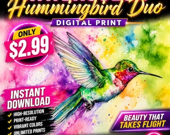 Set di 2 stampe ad acquerello di colibrì, decorazioni murali colorate con uccelli, decorazioni botaniche, download immediato.